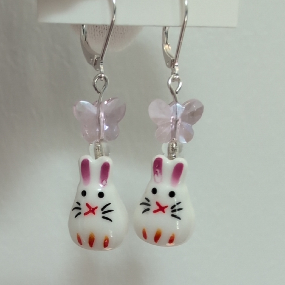 Charming Ceramic Bunny & Glass butterfly Earrings Sterling Plated Hook Handmade